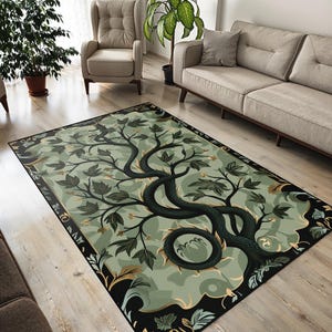 Baum des Lebens Teppich, Grün Botanisches Design, Rutschfester Samt