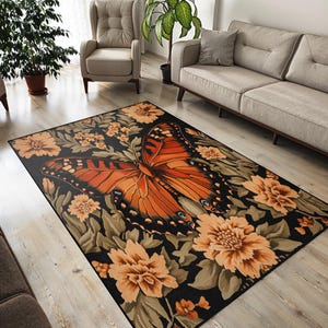 Large Butterfly Floral Rug with Non-Slip Woven Base – Bold Orange Insect Area Carpet – Nature Inspired Living Room Accent