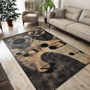 Non-Slip Music Themed Area Rug – Vintage Vinyl Records & Notes Design – Soft Velvet Surface – Washable Rug for Living Room , Bedroom