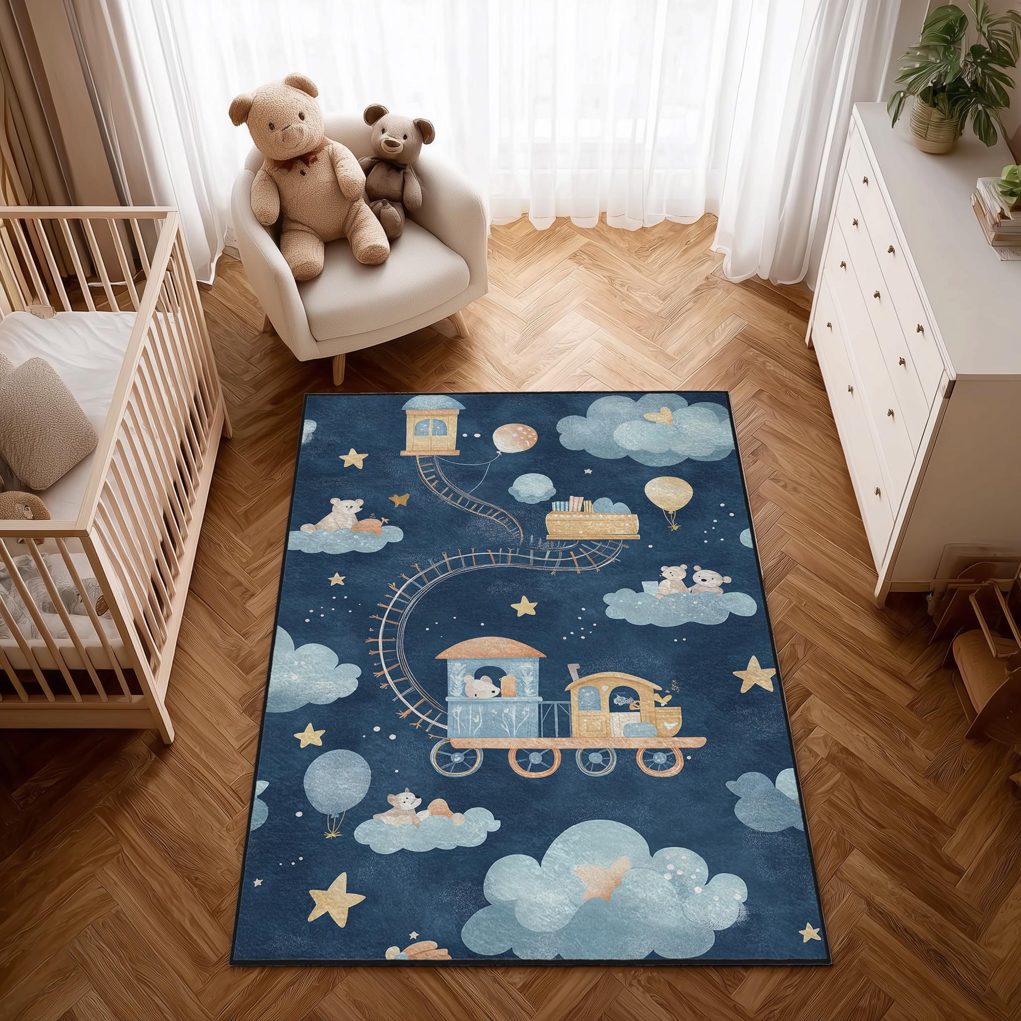 Tappeto Per Cameretta Dei Bambini A Forma Di Orsetto - Antiscivolo, Lavabile, Design Con Palloncini E Stelle