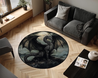 Alfombra redonda Dragón – Alfombra de área negra de fantasía gótica DigiVelvet