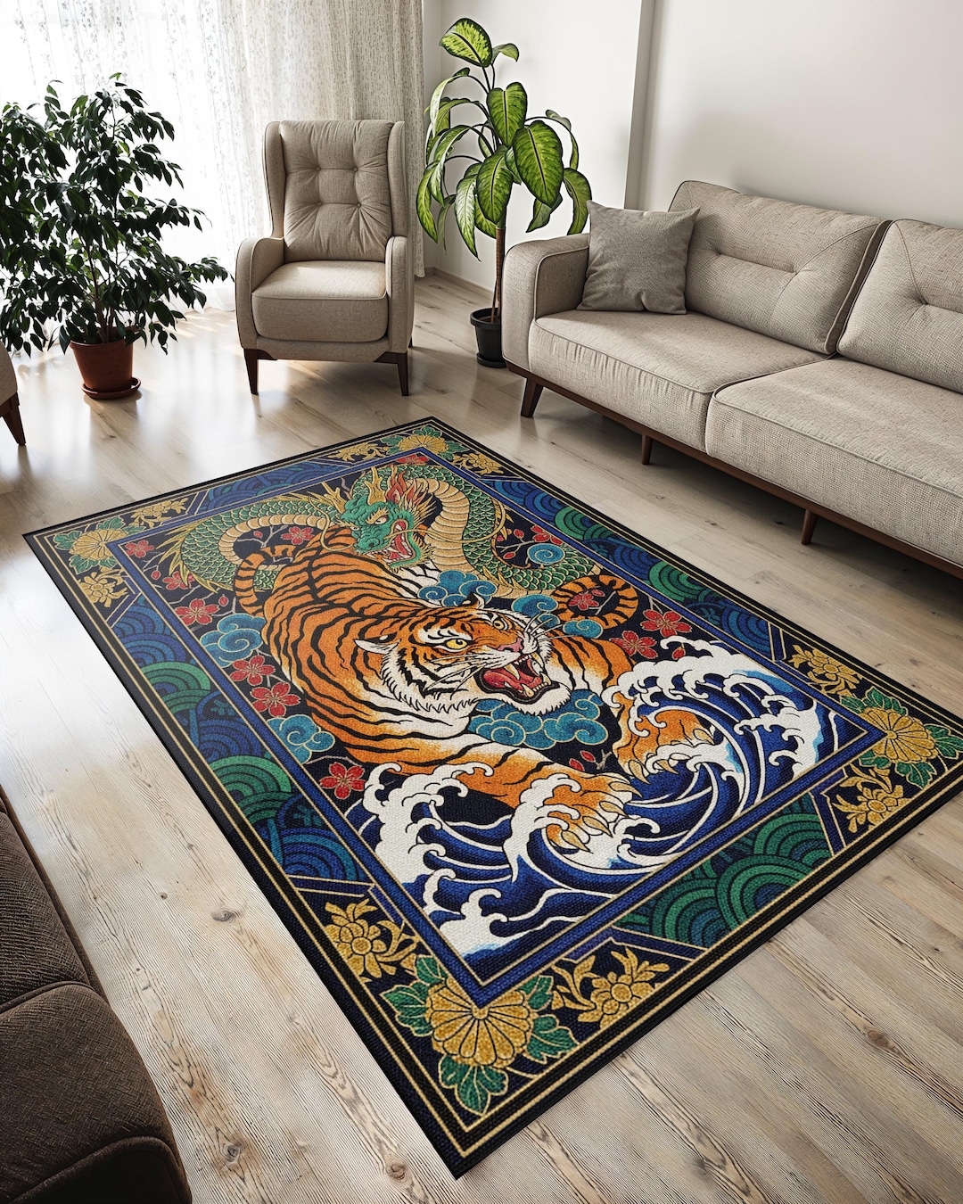 Japanese Tiger Dragon Rug, Ukiyo-e Ocean Wave Art, Maximalist Accent ...