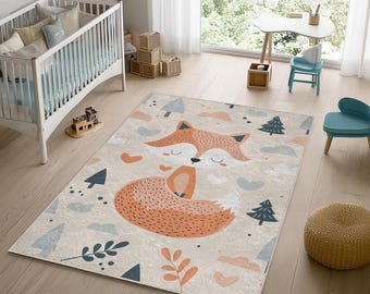 Fox Nursery Rug: Woodland Animal Chenille Kids Play Mat
