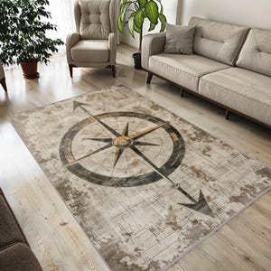 Compass Design Rug – Nautical Style Area Carpet | Vintage Adventure Theme Mat for Living Room | Modern Rustic Floor Decor