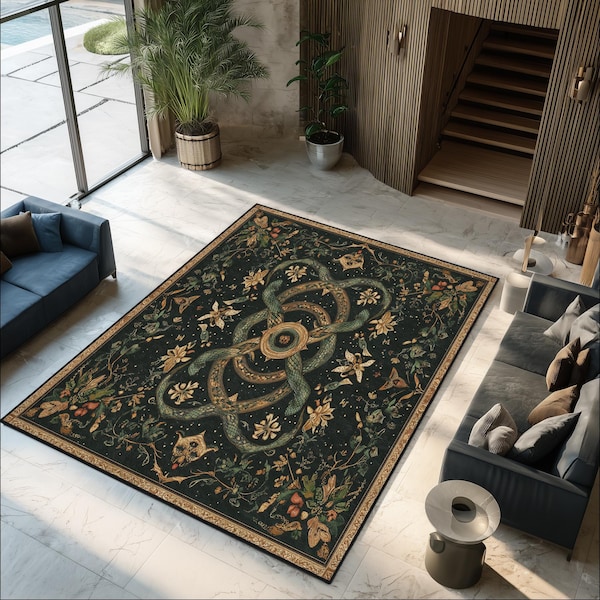 Vintage Snake Floral Area Rug: Gothic Botanical Woven Carpet