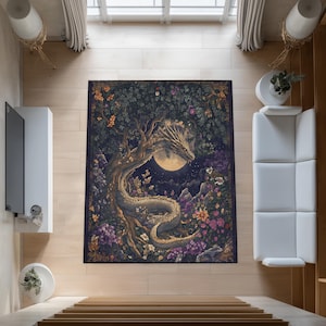 Mystical Dragon Tree of Life Rug: Moonlit Floral Fantasy Carpet