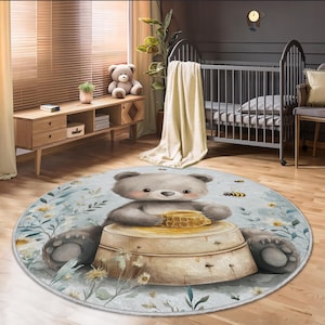 Round Bear Honeycomb Rug – Gray Bear and Bee Nursery Carpet – Soft Washable Velvet Floor Mat for Baby Room or Playroom