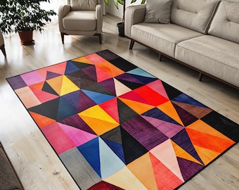 Geometric Area Rug: Abstract Colorful Design, Non-Slip Washable Carpet