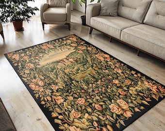 Floral Tapestry Area Rug: Non-Slip Medieval Castle Design