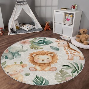 Niedliche Safari Tiere Kinderzimmer Teppich - Weiche Waschbar Anti-Rutsch Spielmatte für Baby Zimmer - Gewebter Rücken Dschungel Thema Teppich für Kinder & Kleinkinder