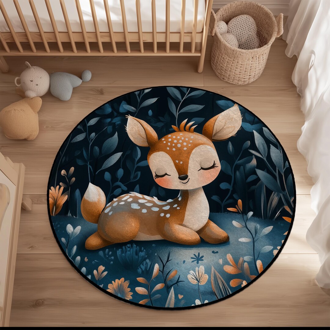 Fawn Nursery Rug, Woodland Deer Round Carpet, Anti-slip - Etsy
