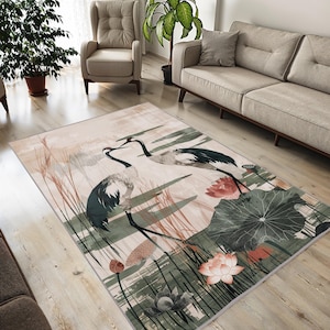 Cranes and Lotus Art Rug – Elegant Asian Nature Theme Carpet | Minimalist Bird and Floral Design | Beige Green Area Rug for Living Room