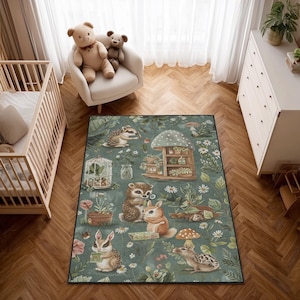 Woodland Animals Nursery Rug – Cute Hedgehog Bunny & Deer Forest Theme | Soft Washable Kids Play Mat | Baby Room Carpet