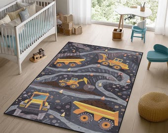 Construction Trucks Kids Rug – Velvet Playroom Mat, Nursery Decor