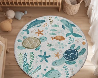 Ocean Nursery Rug, Round Kids Play Mat, Nautical Sea Turtle Whale Area Rug, Underwater Baby Room Decor, Blue Coastal Toddler Bedroom Carpet
