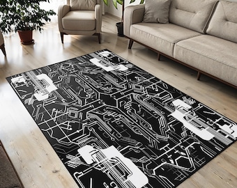 Circuit Board Rug: Black & White Tech-Inspired Gamer Room Decor