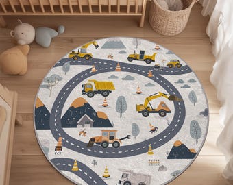 Construction Site Rug, Neutral Kids Room Decor, Round Play Mat for Nursery, Boys Playroom, Toddler Activity Area, Dump Truck & Excavator