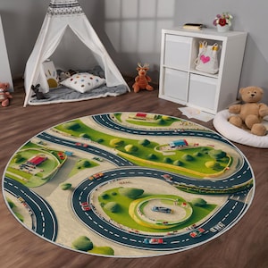 Interactive Kids Car Play Rug - Anti-Slip Washable Road Track Mat for Playroom & Nursery