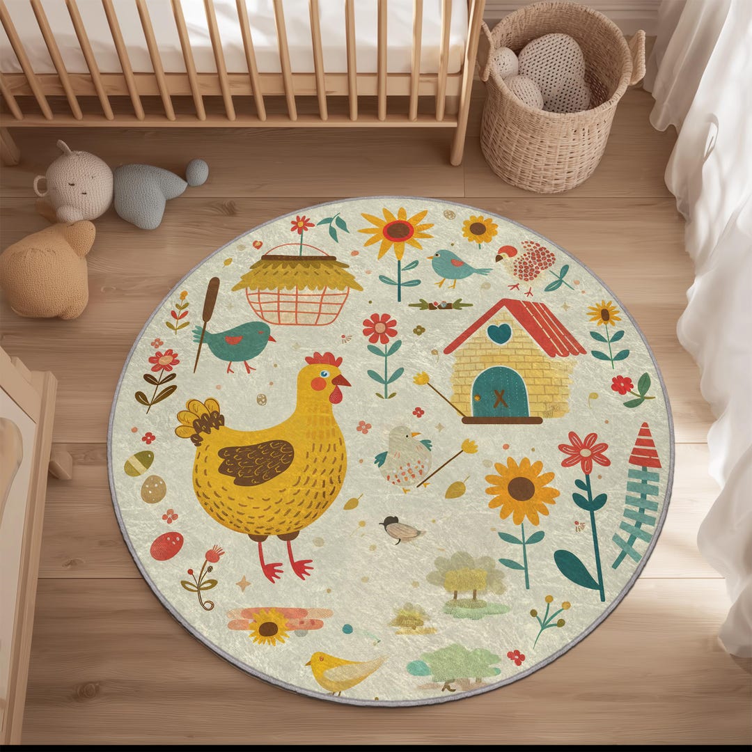 Farmyard Animals Kids Rug: Round Nursery Play Mat With Chickens & Birds ...