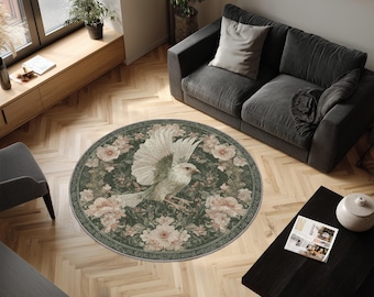Sage Green Floral Round Rug: Vintage Bird & Bloom, Boho Decor