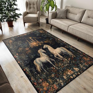 Enchanted Unicorn Rug -  Fairytale Unicorn Floor Rug -Morris Inspired Cotta Whimsical Fairy Folklore Fairycore Mystical Bedroom Rug