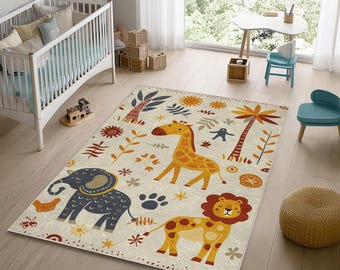 Safari Animals Nursery Rug: Beige Jungle Kids Room Decor