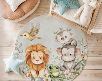 Jungle Animal Round Rug: Safari Nursery, Kids Playroom Carpet