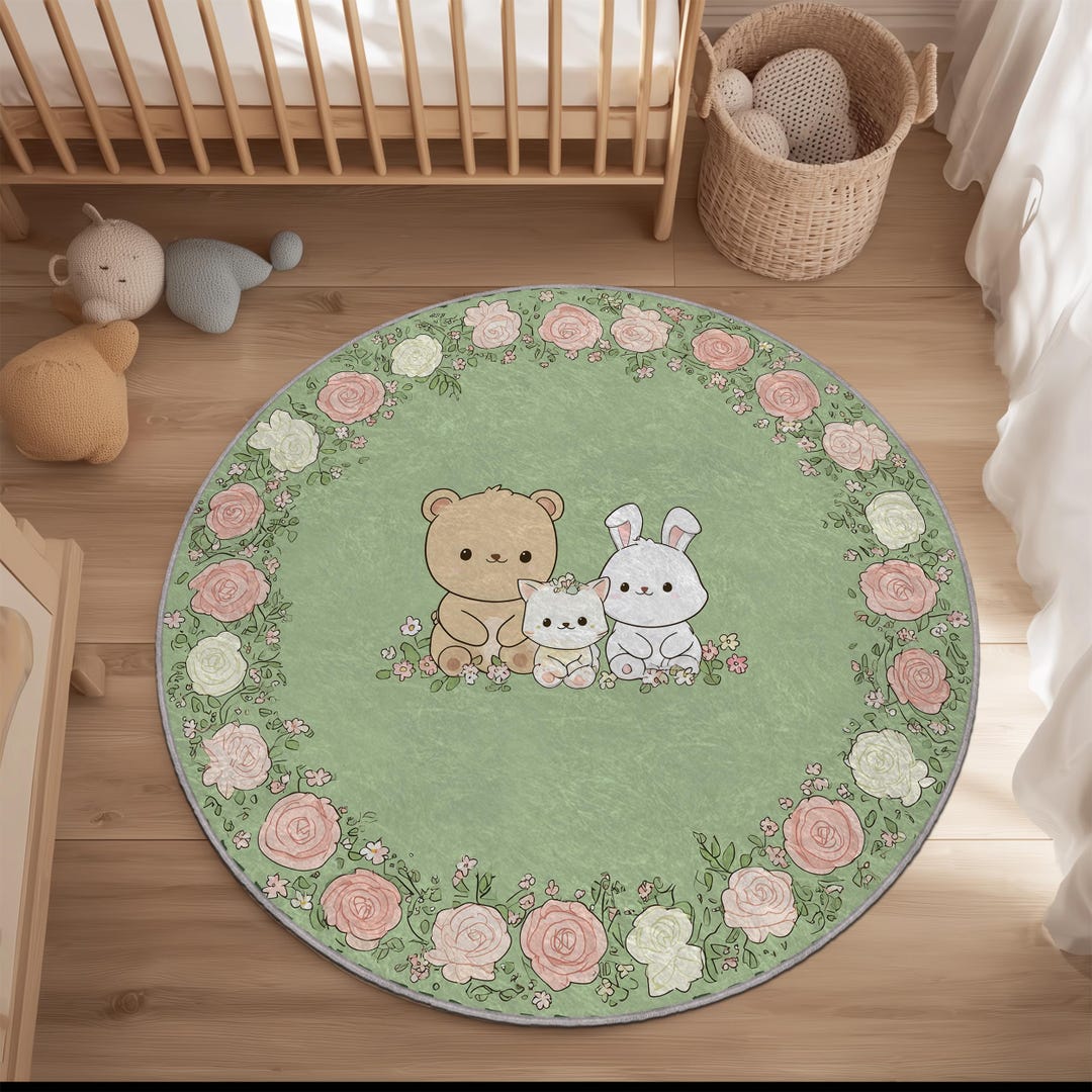 Round Children Rug Round Kids Rug, Bear, Bunny & Kitten, Green Floral Nursery Decor - Etsy