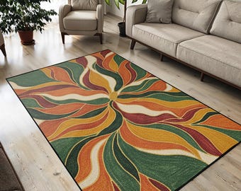 Tapis moderne milieu du siècle, tapis floral rétro, tapis tourbillon de fleurs abstraites, décoration de salon groovy colorée, tapis de chambre d'enfant esthétique bohème