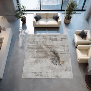 Feather Design Area Rug – Elegant Beige & Gold Carpet with Minimal Texture for Living Room, Modern Interior or Contemporary Decor