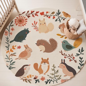 Woodland Animal Non-Slip Rug for Kids Room | Soft Washable Nursery Play Mat | Cute Forest Theme Carpet for Baby & Toddler