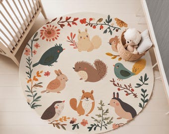 Woodland Nursery Rug: Non-Slip Kids Play Mat, Forest Animal Theme