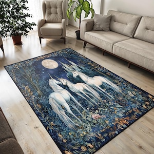 Enchanted Unicorn Castle Rug – Mystical Moonlit Forest Tapestry Carpet, Fantasy Living Room Decor, Velvet Feel Area Mat