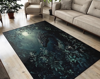 Fantasy Dragon Area Rug: Gothic Dark Forest Woven Carpet