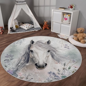 White Horse Round Rug - Soft Velvet Surface, Non-Slip Woven Backing, Kids Room, Nursery, Floral Horse Carpet, Boho Animal Decor