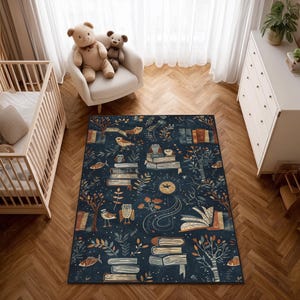May include: A navy blue area rug with a whimsical design featuring stacks of books, owls, birds, and trees. The rug has a detailed pattern with orange, brown, and white accents, creating a cozy and inviting atmosphere. The rug is placed on a wooden floor.