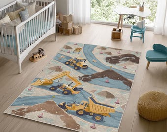 Construction Truck Nursery Rug: Washable Kids Play Mat