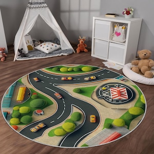 Kids Playroom Road Rug, Non-Slip Car Track Mat, Soft Washable Race Track Carpet, Educational Toddler Play Mat, Boys Room Decor