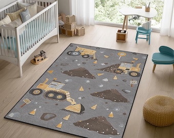 Construction Trucks Kids Rug: Digger Bulldozer Playroom Mat