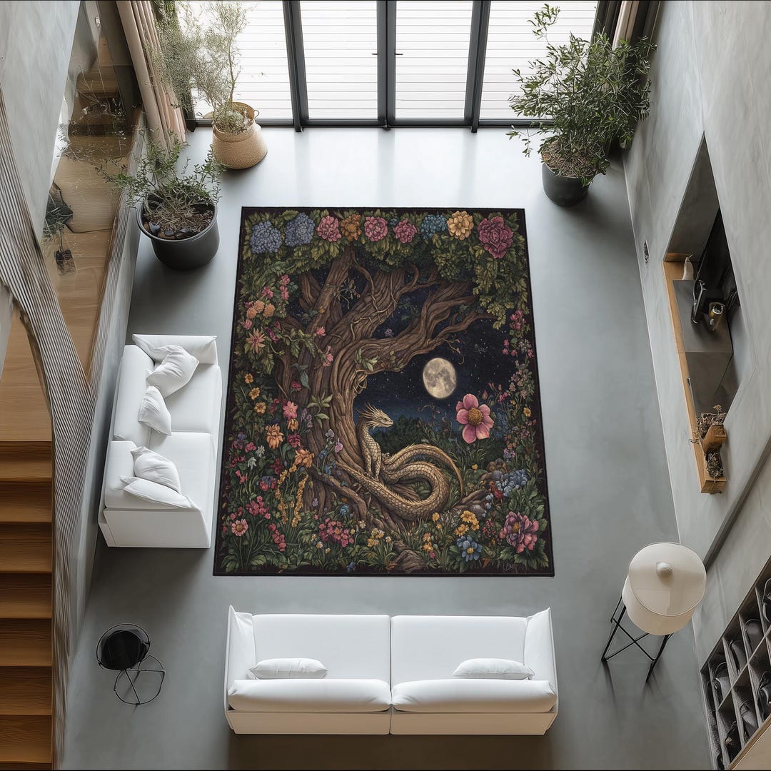 Enchanted Rug Enchanted Forest Dragon Rug: Mystical Tree of Life Velvet Art Carpet - Etsy