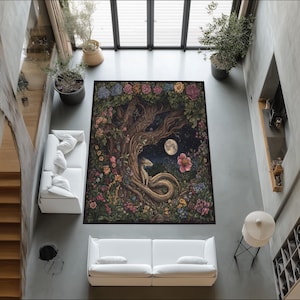Enchanted Forest Dragon Rug: Mystical Tree of Life Velvet Art Carpet