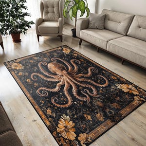 tapis vintage poulpe, base tissée antidérapante, tapis floral nautique, décoration de salon sur le thème de l&#39;océan, tapis élégant sombre