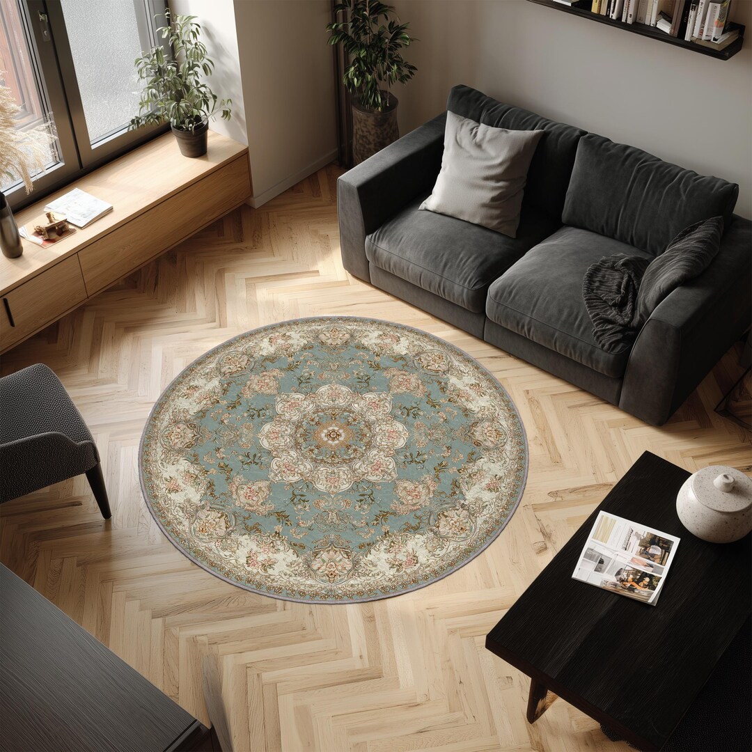 Velvet Touch Rug Round Aqua Floral Velvet Rug: Vintage Style Chenille Carpet - Etsy