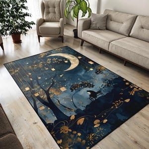 Moonlit Night Area Rug: Fantasy Forest, Starry Sky, Velvet Soft Pile