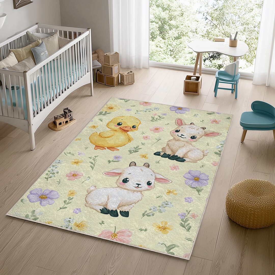 Duck & Baby Goat Nursery Rug: Yellow Farm Animal Kids Room Decor - Etsy