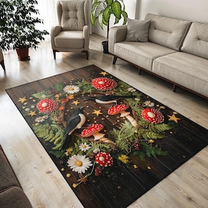 Forest Fairycore Teppich - Wunderlicher Pilz- und Vogelteppich, verzauberte Natur, Bodenmatte im Cottagecore Woodland-Stil