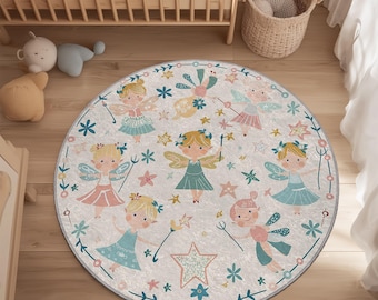 Fairy Garden Round Nursery Rug, Cute Magical Fairy Tale Play Mat for Girls Room, Pastel Floral Kids Bedroom Decor, Soft Washable Area Rug
