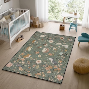 Adorable Animal Themed Kids Rug - Woodland Nursery Carpet for Baby Room, Soft Play Mat for Toddlers, Cozy Kids Room Decor