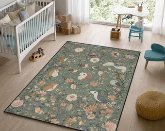 Woodland kinderkamertapijt: kinderspeelkleed met dierenthema, zacht fluweel