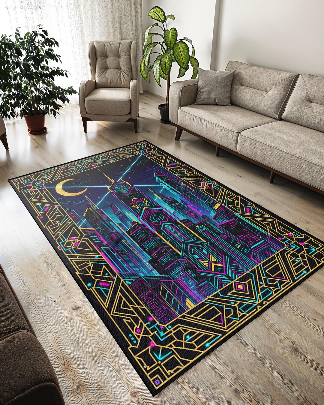 Cyberpunk Rug Texture Neon Cityscape Rug, Art Deco Cyberpunk Sci-fi Carpet - Etsy